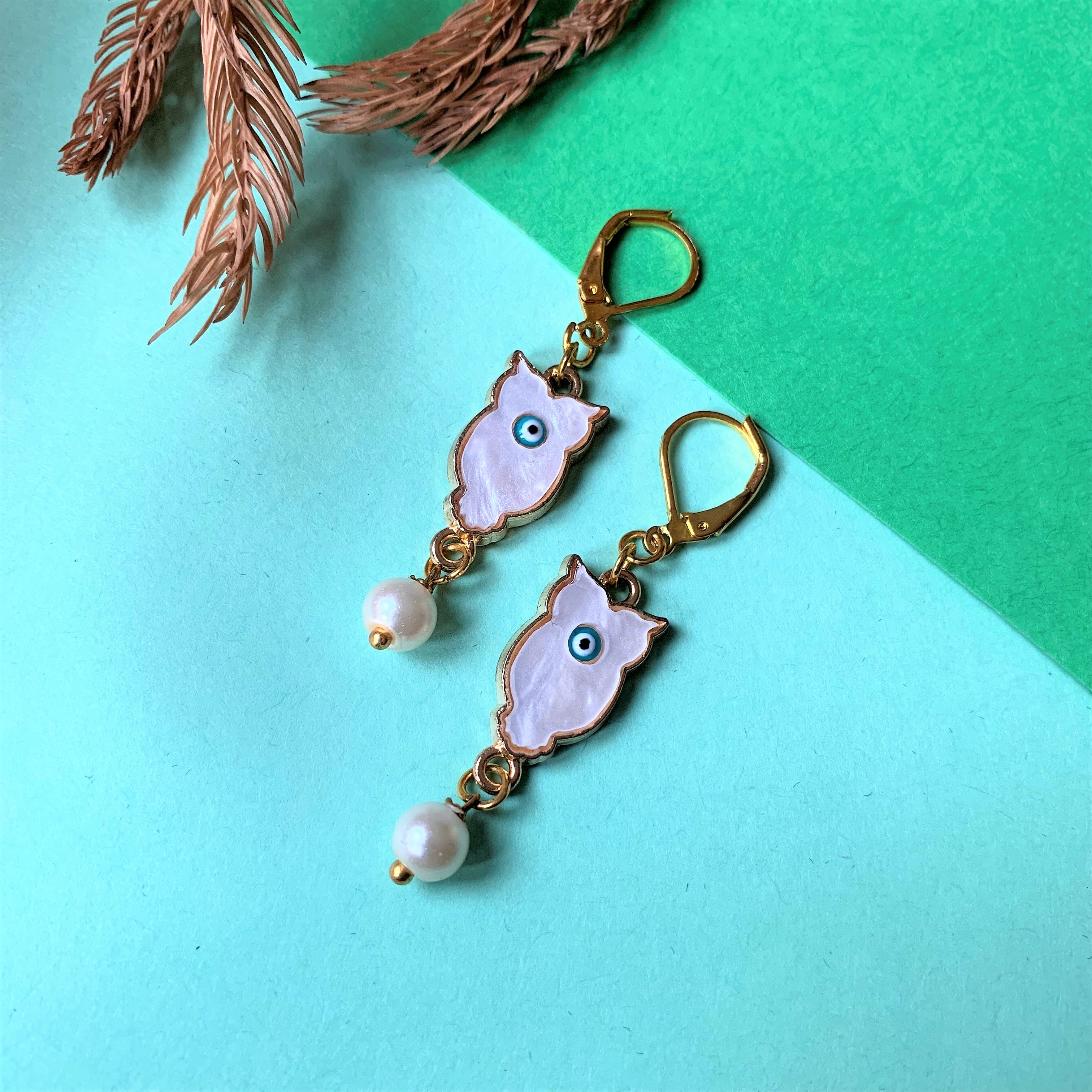 Owl Shaped with Evil Eye on Mother of Pearl Stone and Pearl Drops