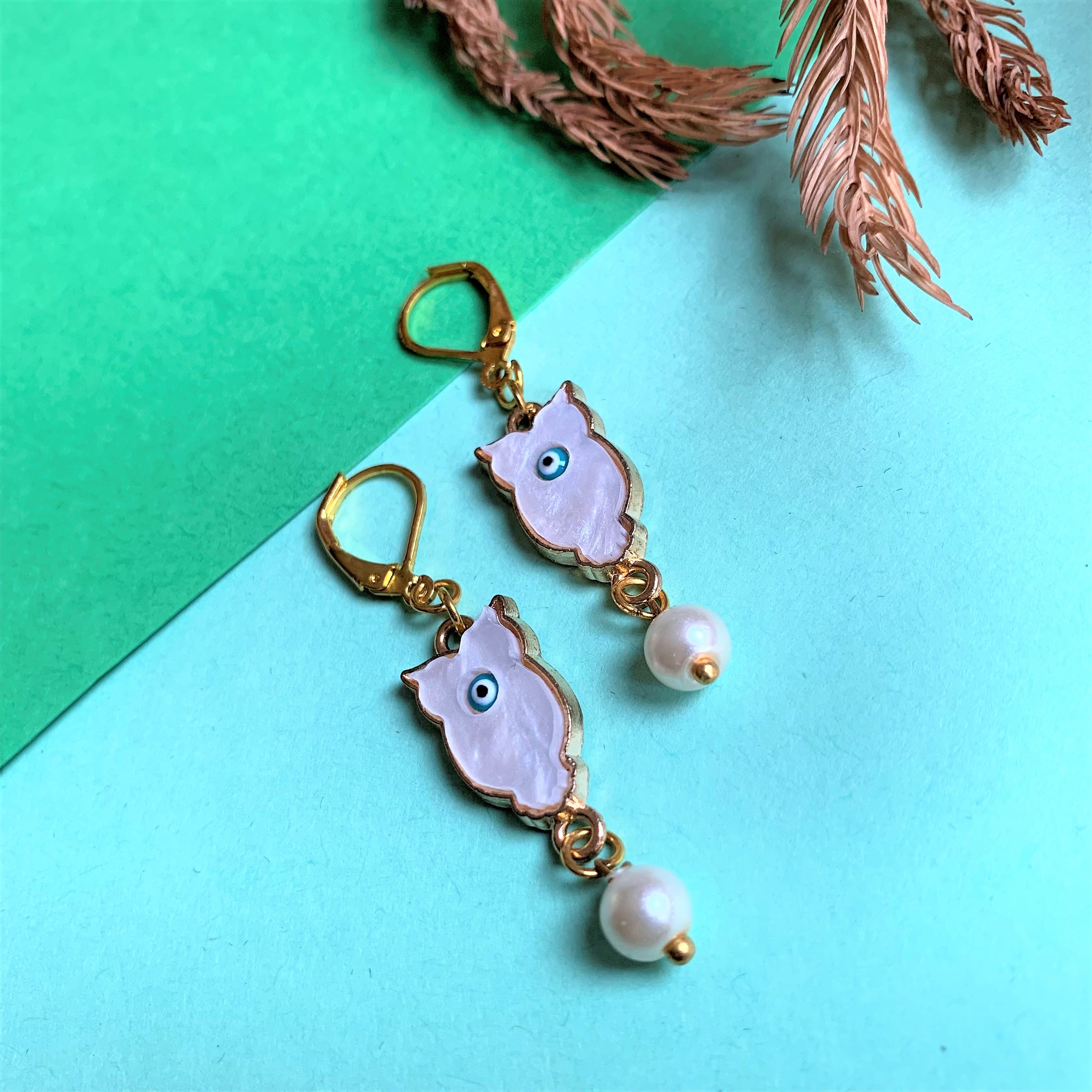 Owl Shaped with Evil Eye on Mother of Pearl Stone and Pearl Drops