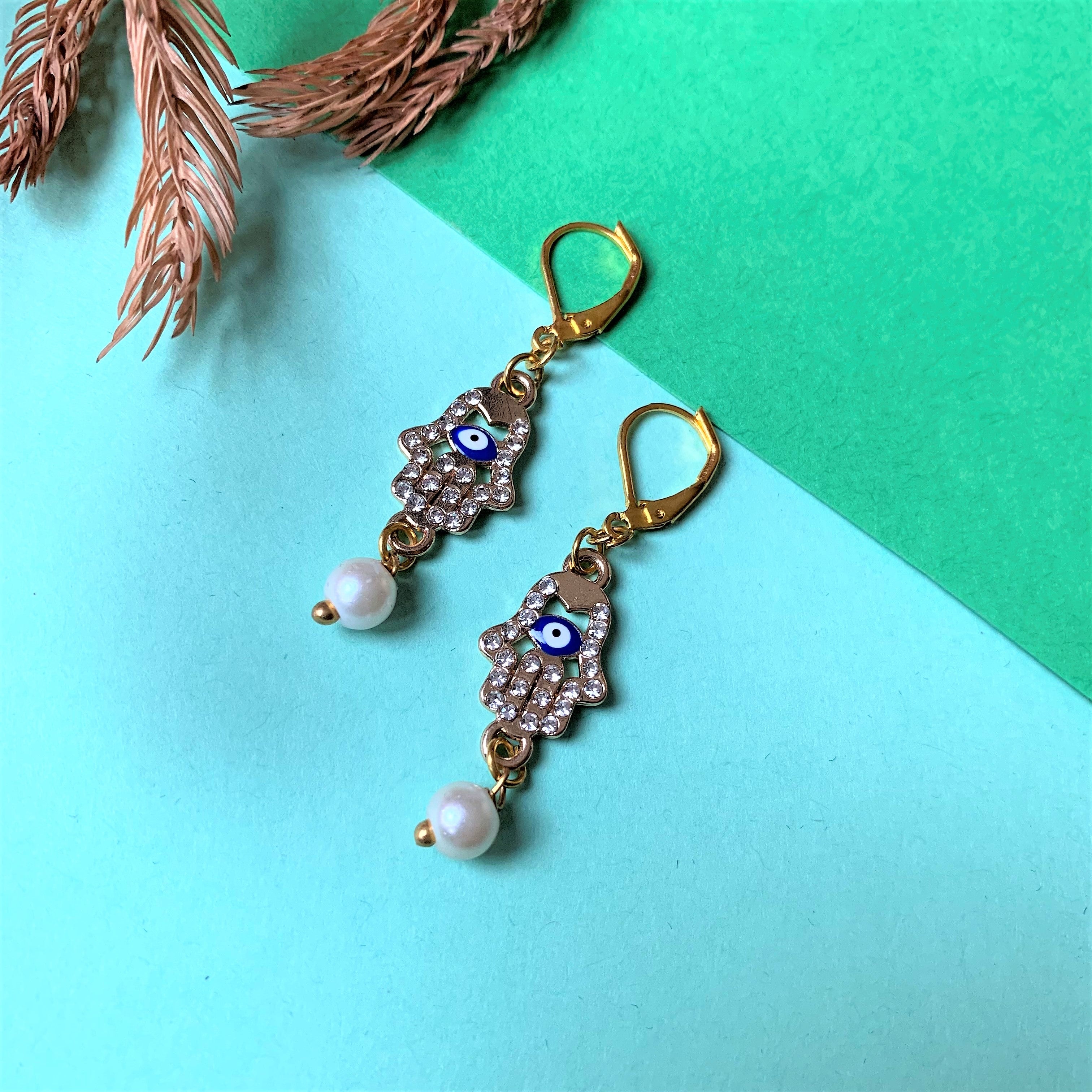 Hamsa Hand with Evil Eye and American Diamond with Pearl Drops hook earring