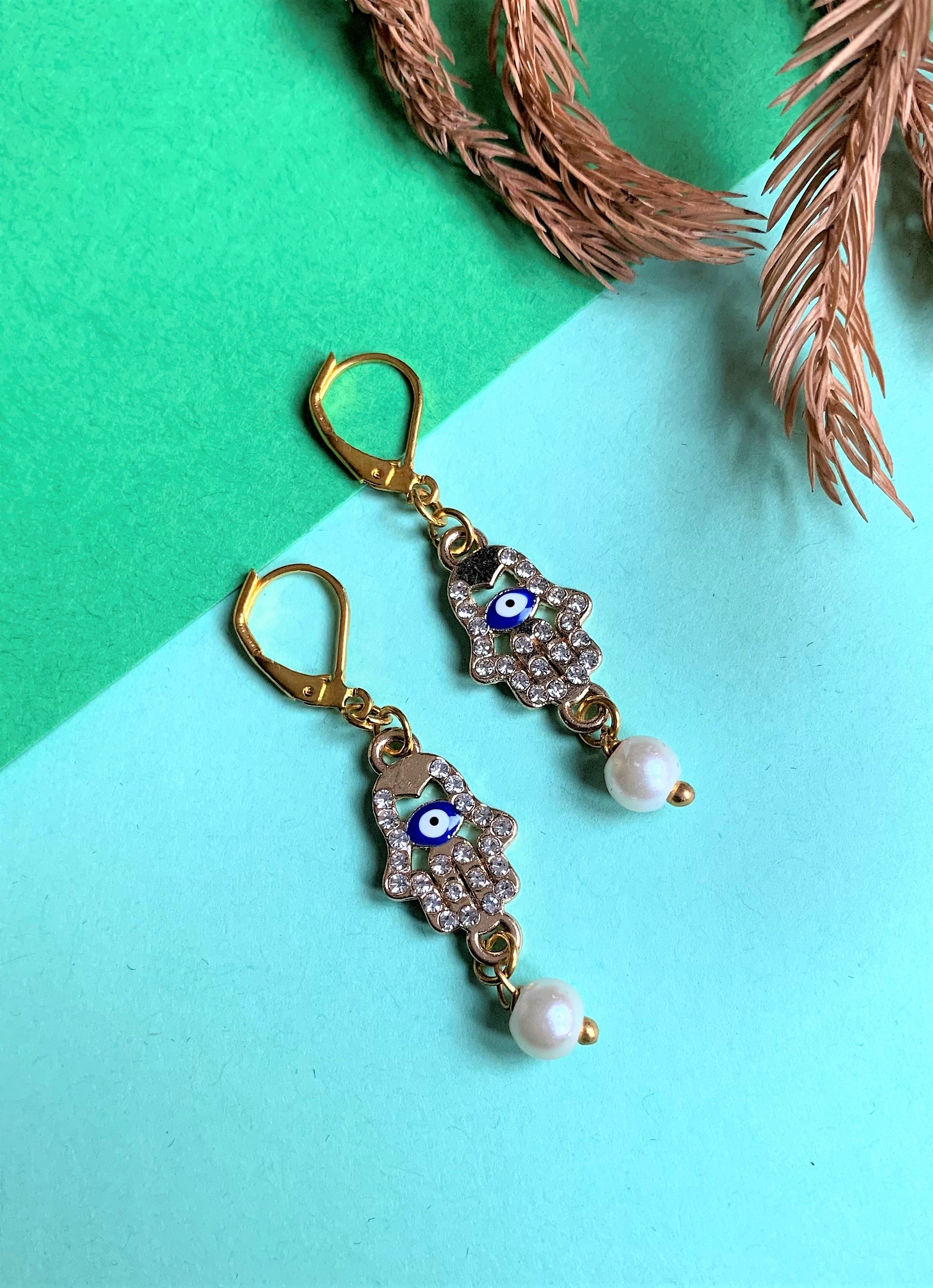 Hamsa Hand with Evil Eye and American Diamond with Pearl Drops hook earring