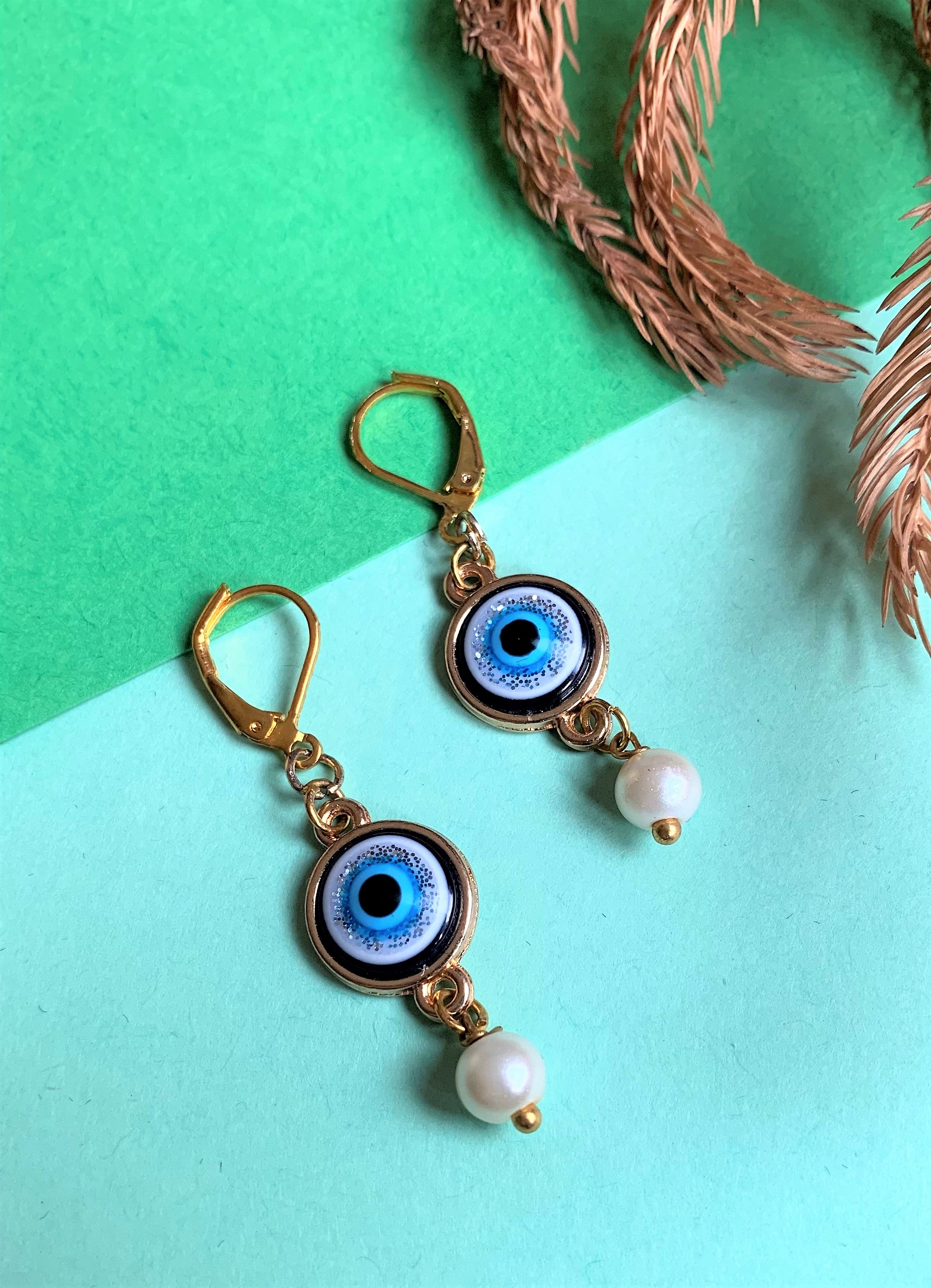Round Evil Eye and Pearl Drops hook earring