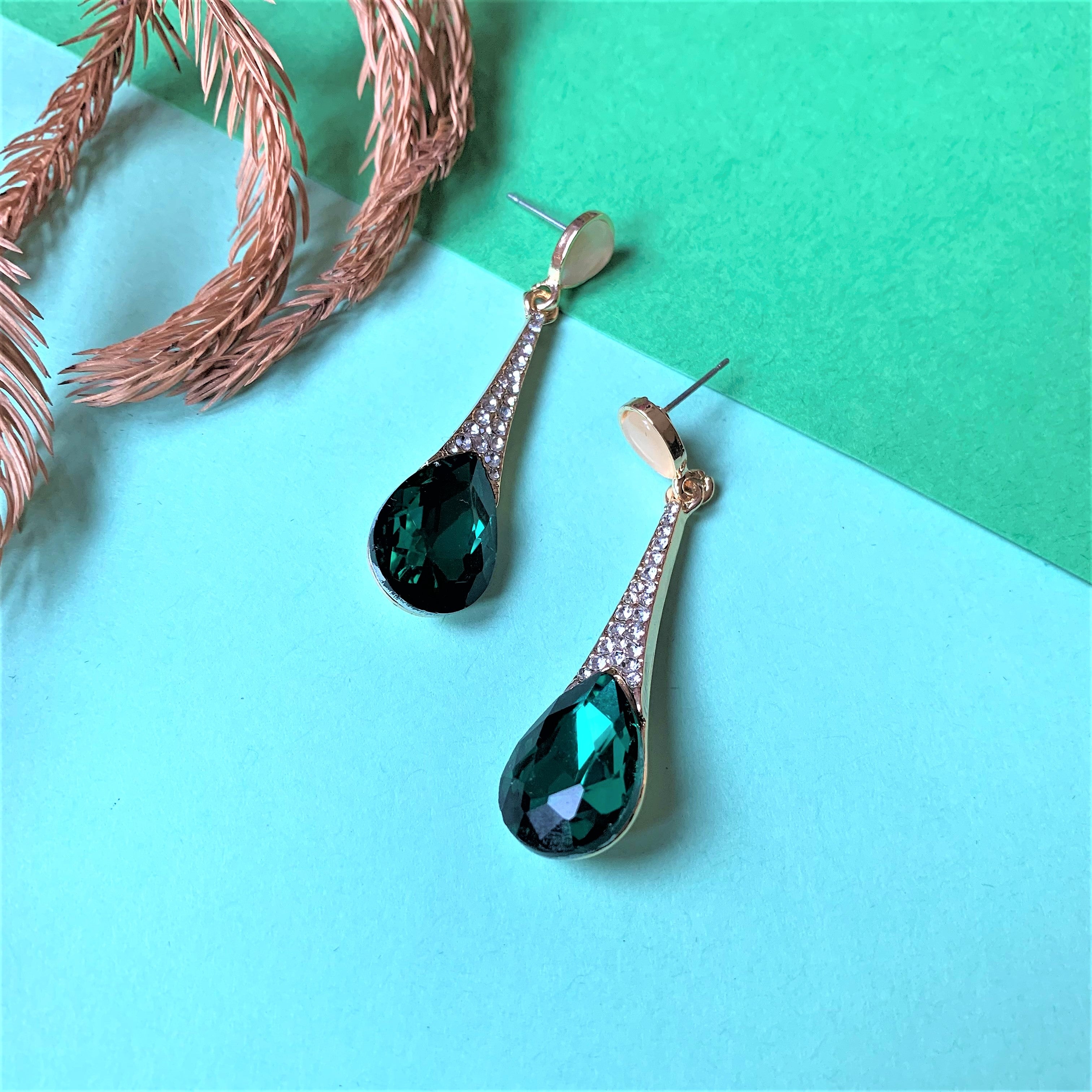 Pear Cut Green Stone Dangling Earring with American Diamonds