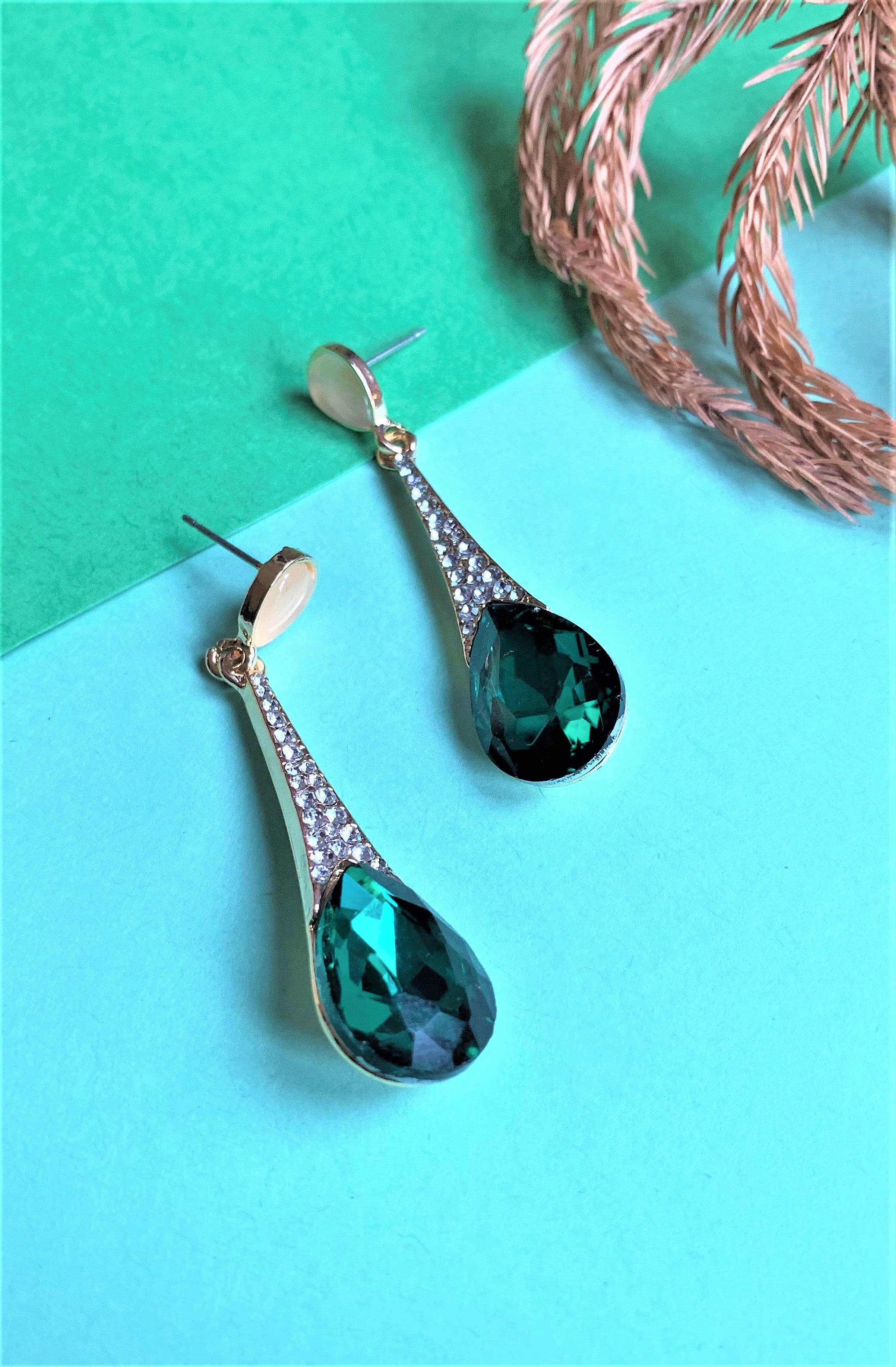 Pear Cut Green Stone Dangling Earring with American Diamonds
